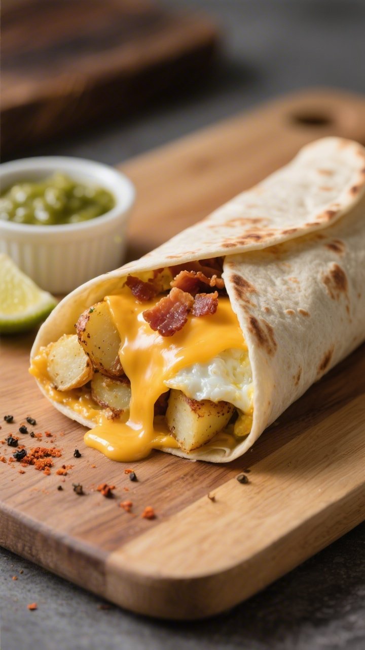 Close-up of a finished freezer breakfast burrito, reheated and cut on a bias to reveal the melty int