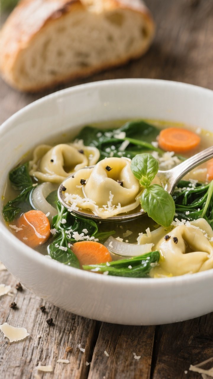 Close-up, of a ladled bowl of Healthy Spinach Tortellini Soup, restaurant-quality presentation: plum