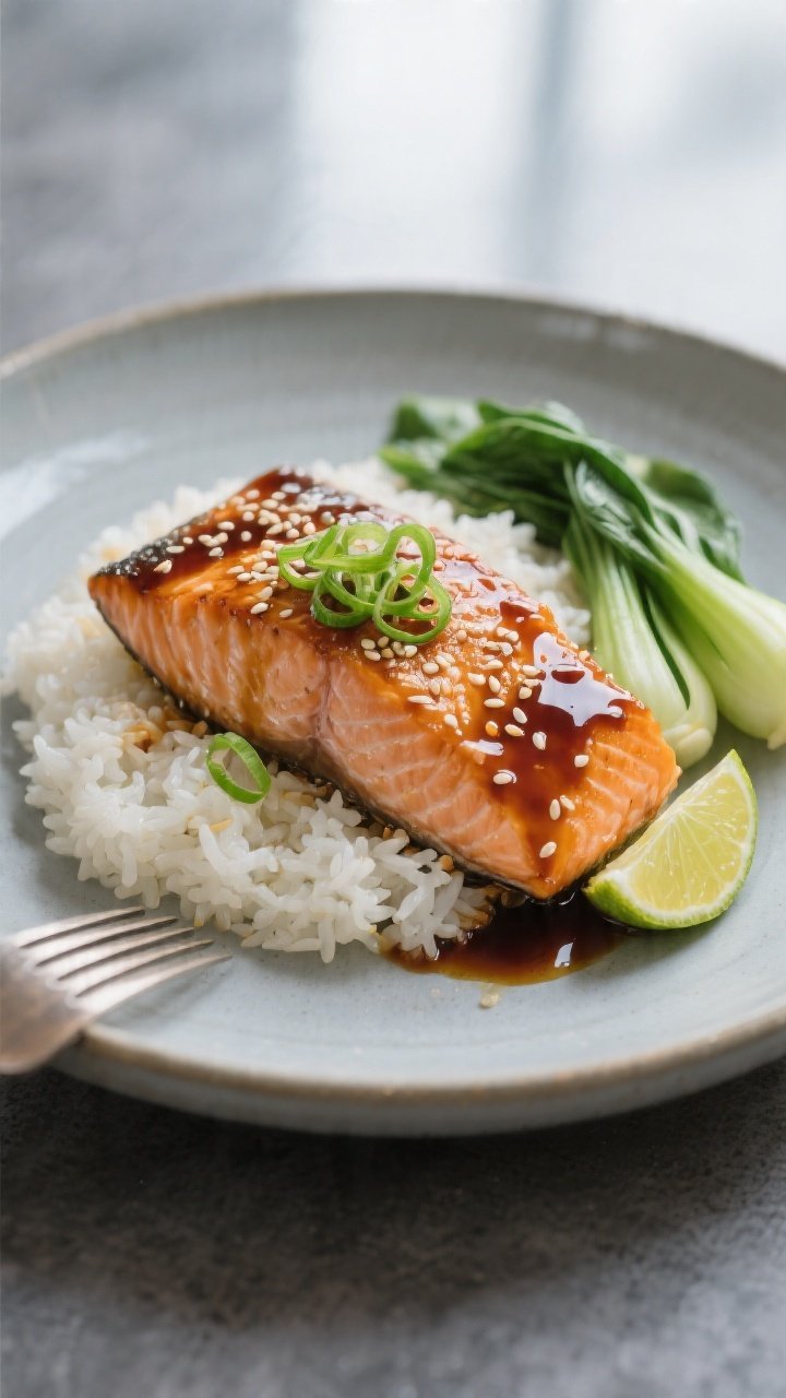 Close-up plated final dish: a single teriyaki-glazed salmon fillet over fluffy steamed jasmine rice,