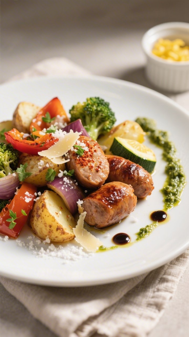 Close-up plated final dish: juicy browned chicken sausage coins nestled with roasted peppers, onions