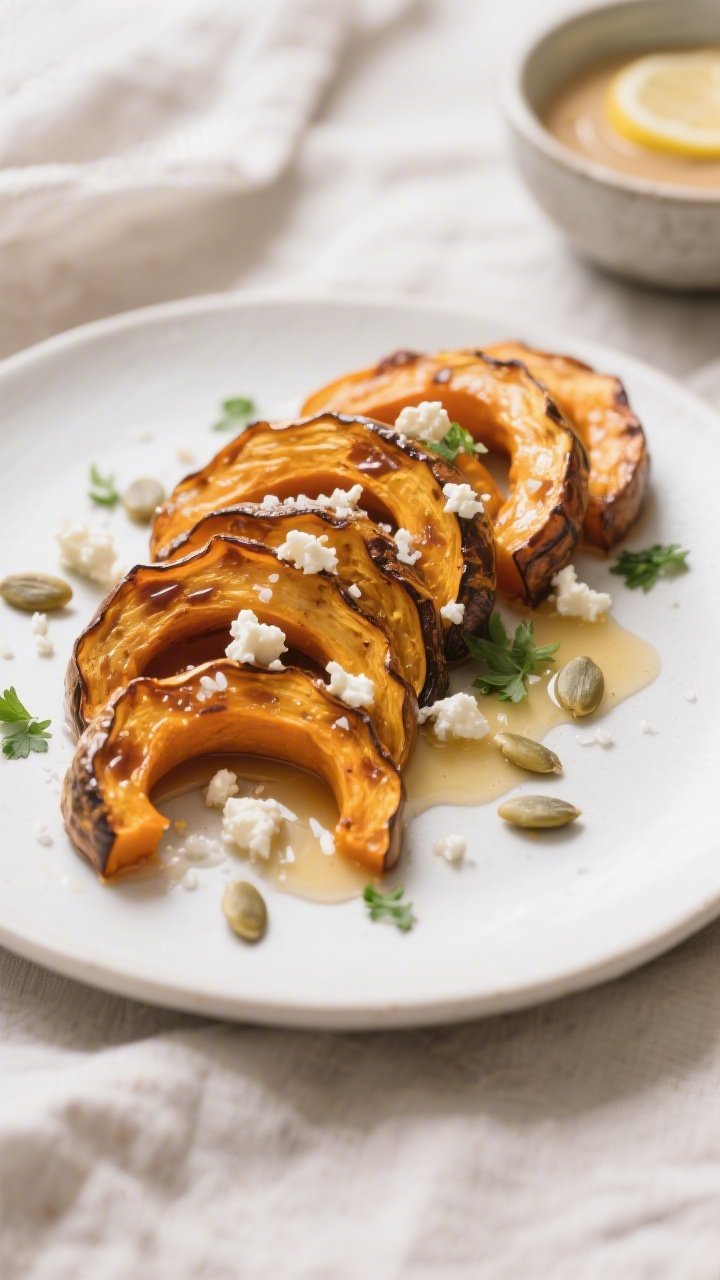 Close-up plated final dish: Maple-Butter roasted delicata squash crescents layered in a loose fan on