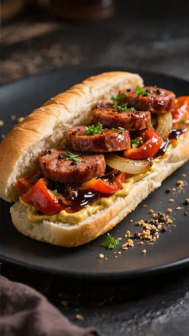 Close-up plated final dish: sliced Italian sausage coins with deep mahogany sear layered over a bed 