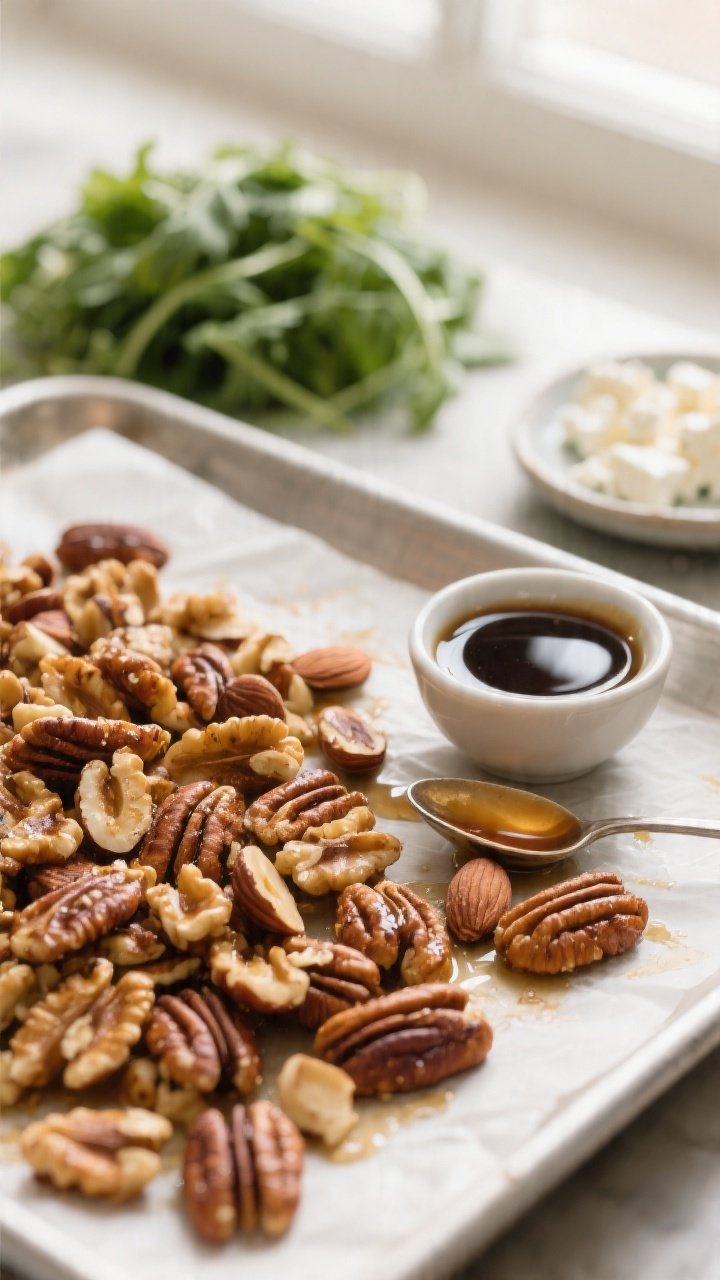 Close-up process detail: freshly toasted mixed nuts (walnuts, pecans, sliced almonds) cooling on a p