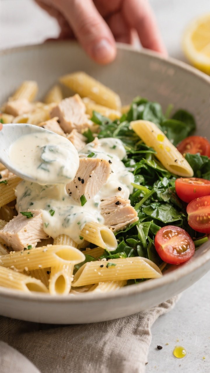 Close-up process shot: cooled high-protein pasta and diced chicken being gently tossed into a large 