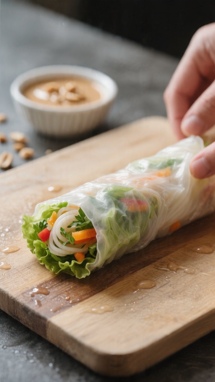 Close-up process shot of a single rice paper roll being finished on a damp cutting board: the wrappe