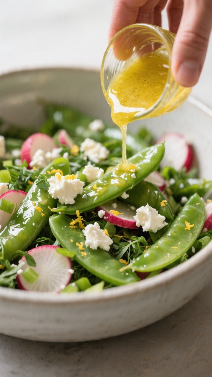 Close-up process shot of the glossy lemon-Dijon dressing being gently folded through the prepared sa