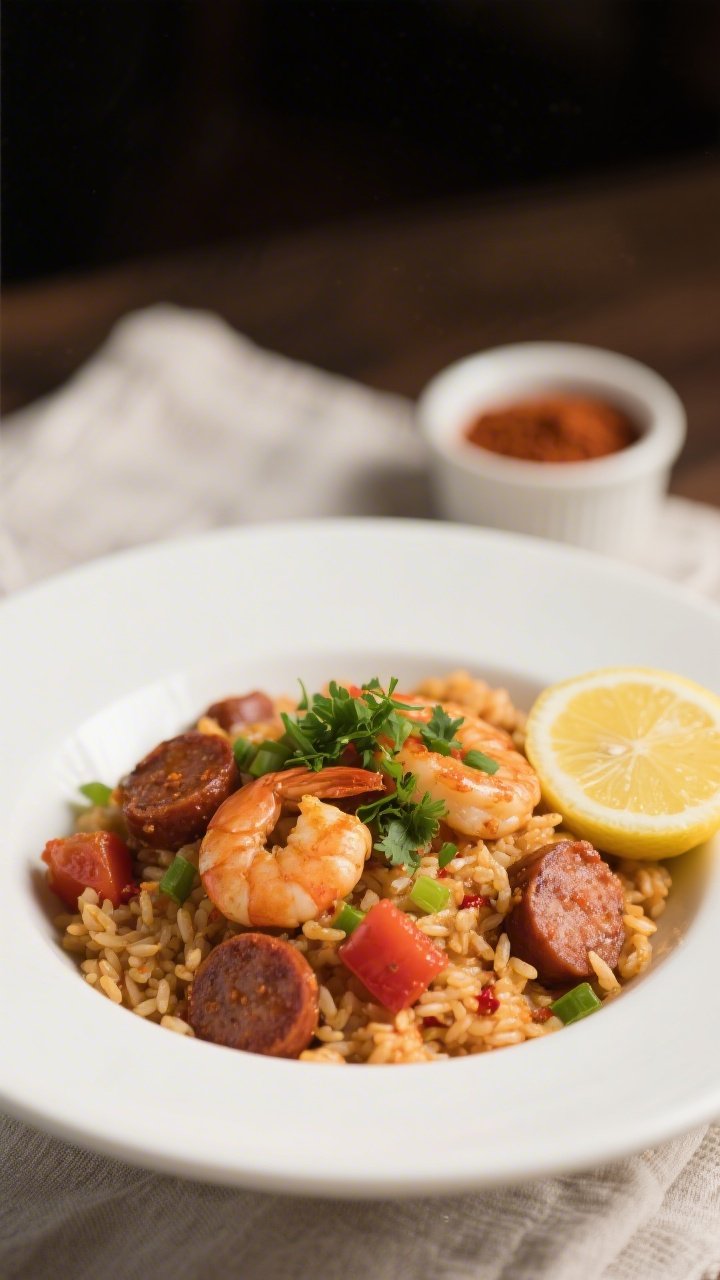 Close-up, shallow depth-of-field plated final dish: a wide white bowl mounded with jambalaya, showca
