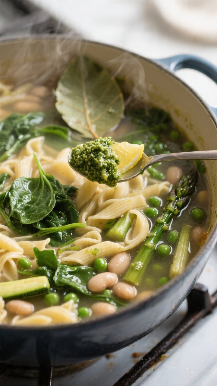 Close-up, three-quarter angle cooking process shot: the soup in a Dutch oven at a gentle simmer, pas