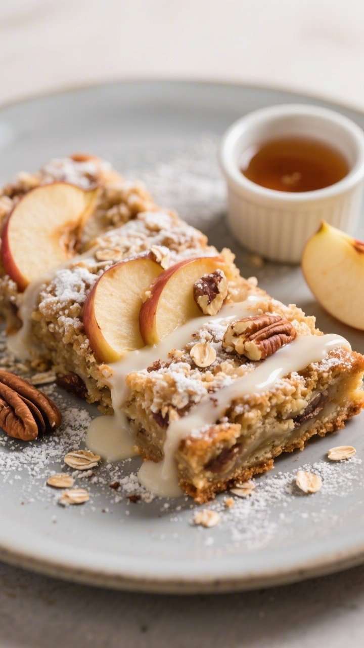 Close-up, three-quarter angle of a plated Apple Cinnamon Breakfast Bar served warm on a matte cerami