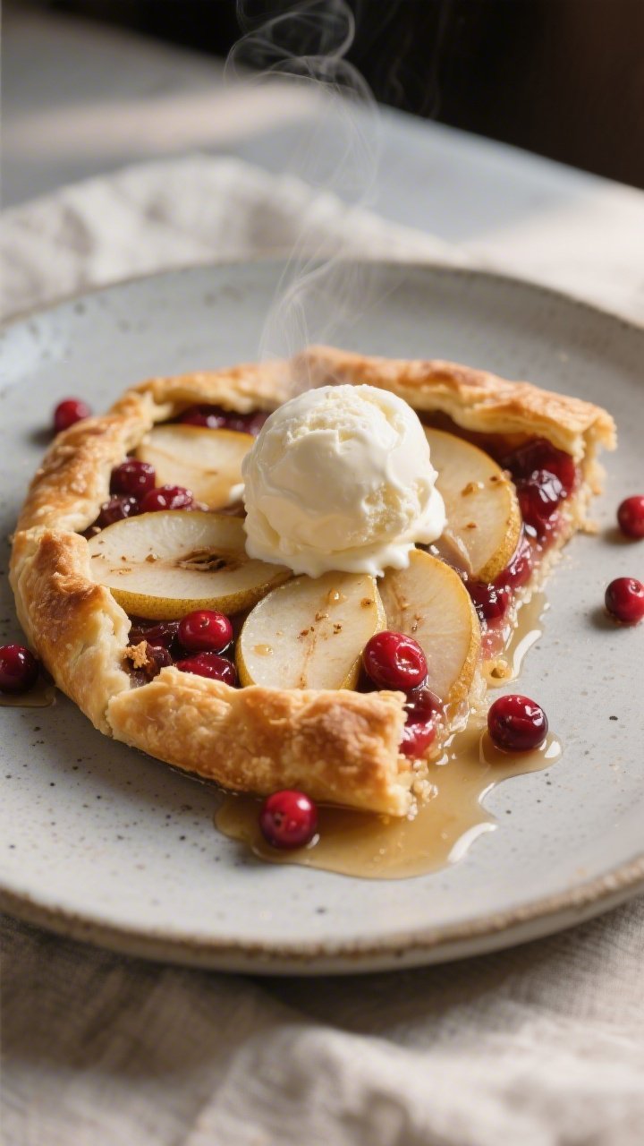 Close-up three-quarter angle of a plated slice of the galette served warm with a scoop of vanilla ic