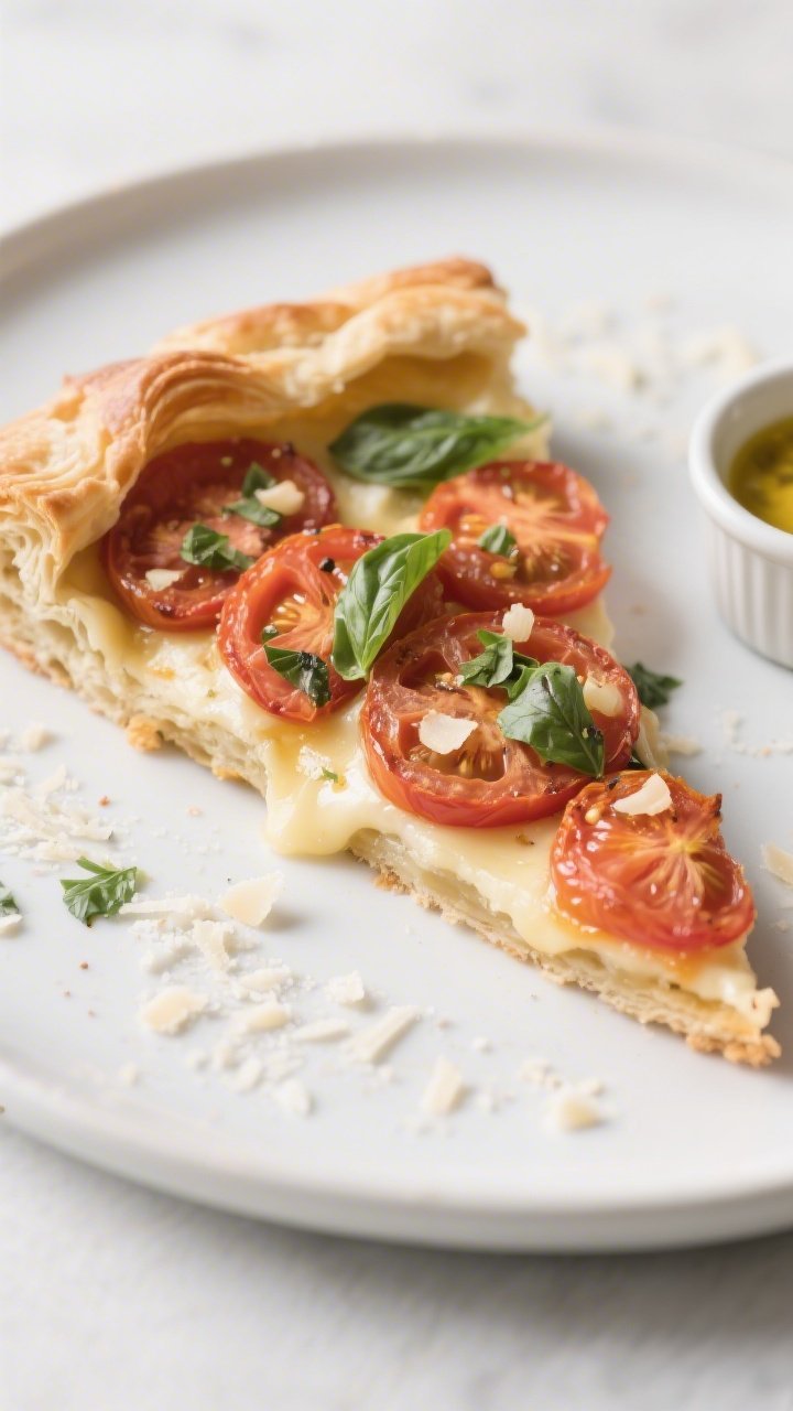 Close-up three-quarter angle of a plated wedge of Tomato Basil Galette on a matte white plate, showc