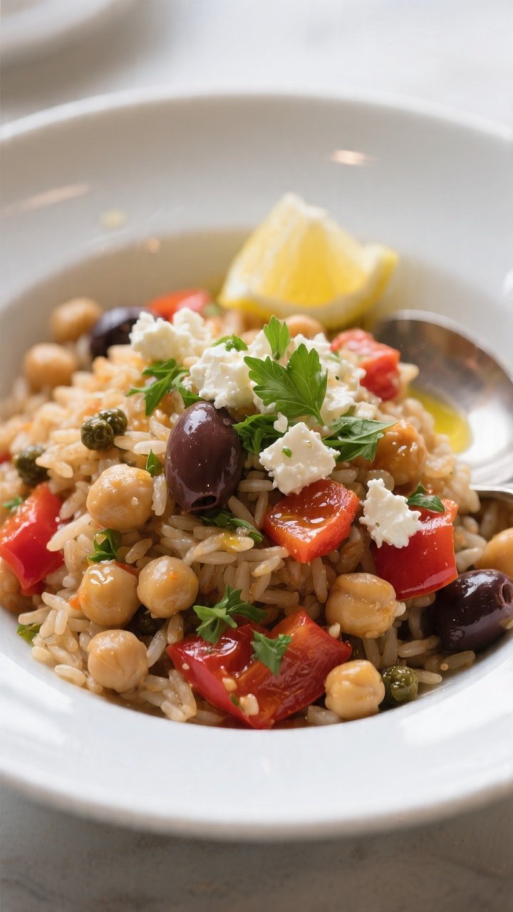 Close-up, three-quarter angle of the final plated bowl: vibrant Mediterranean Rice and Beans mounded