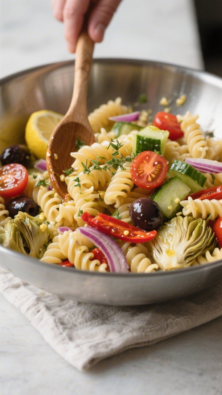 Cooking process — al dente pasta toss: Rotini pasta just cooled and glistening, being gently tosse