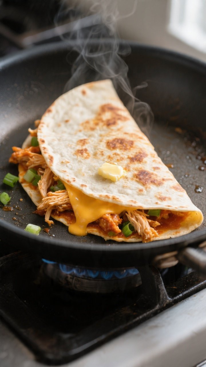 Cooking process close-up: A half-moon Buffalo Chicken Quesadilla sizzling in a nonstick skillet over
