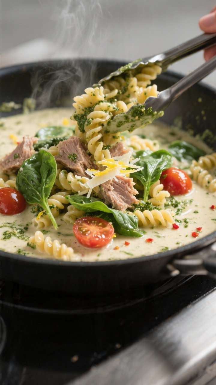 Cooking process close-up: A large skillet on the stovetop with creamy tuna pesto sauce coating al de