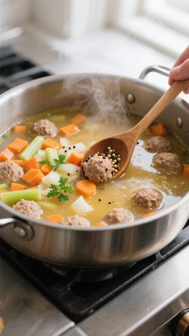 Cooking process close-up: A large stainless stockpot at a gentle simmer with tiny meatballs floating
