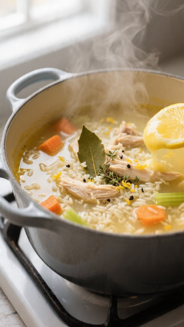 Cooking process close-up: A steaming pot of Greek avgolemono chicken soup right after the tempered e