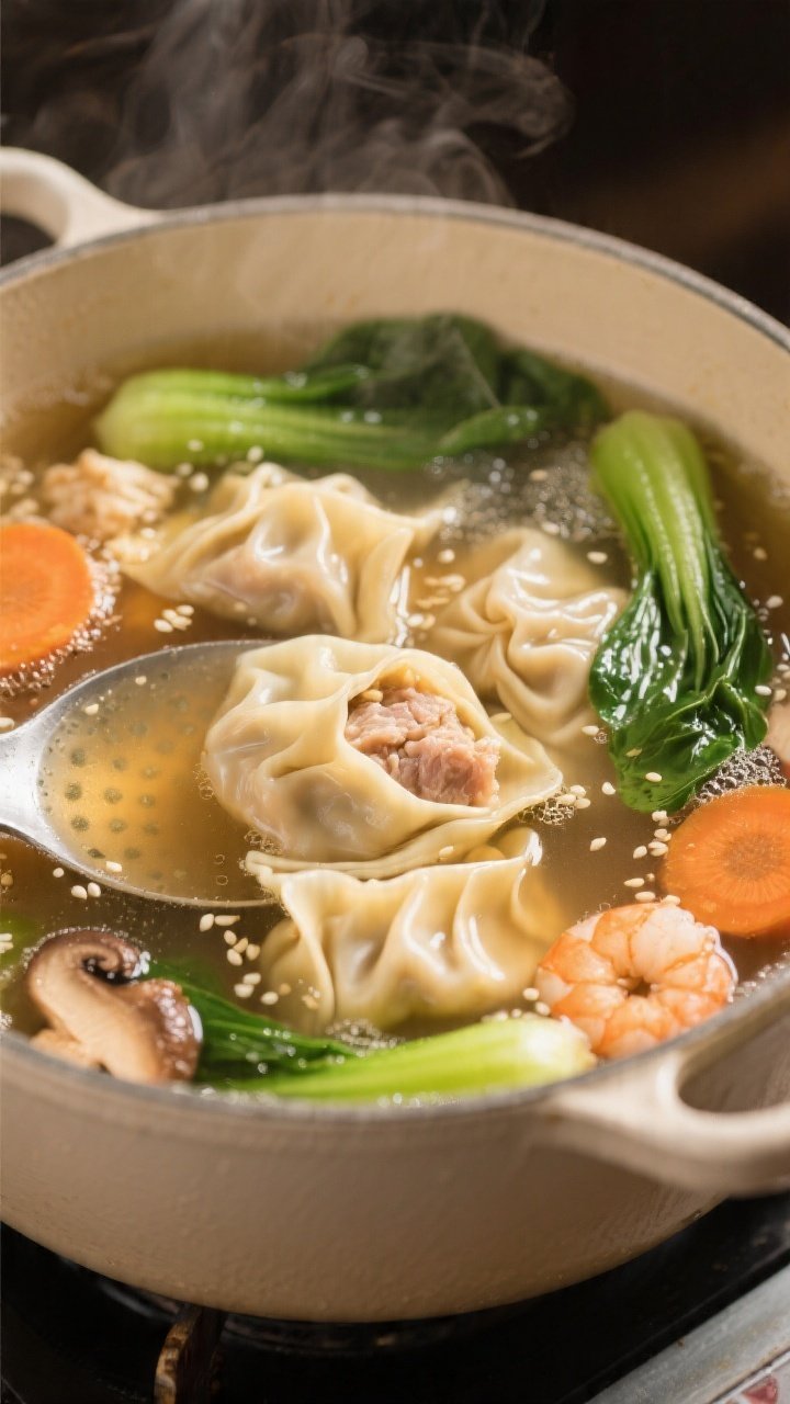 Cooking process close-up: A steaming pot of wonton soup at a gentle simmer, capturing tender, fully 