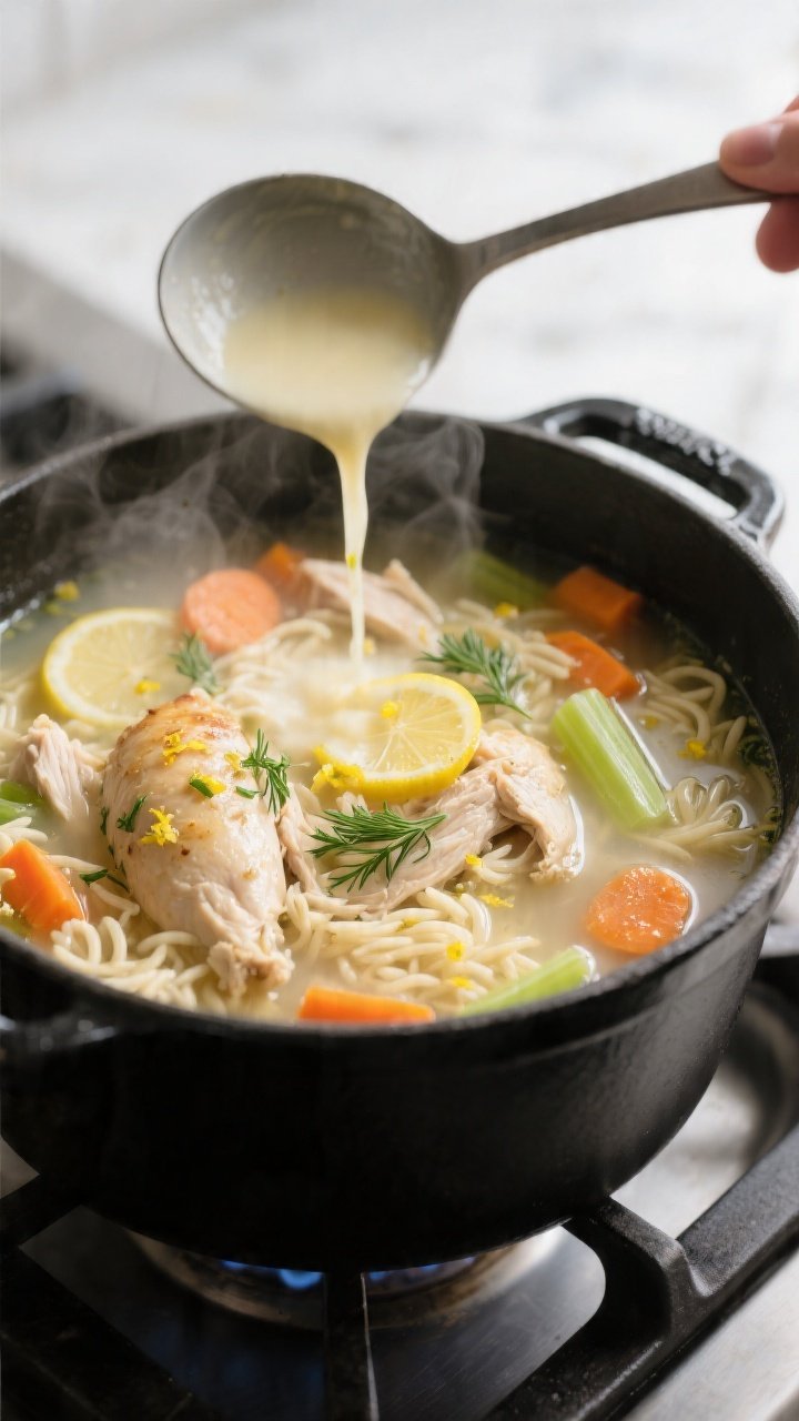 Cooking process close-up: A steamy, overhead shot of Greek lemon chicken soup just after the avgolem