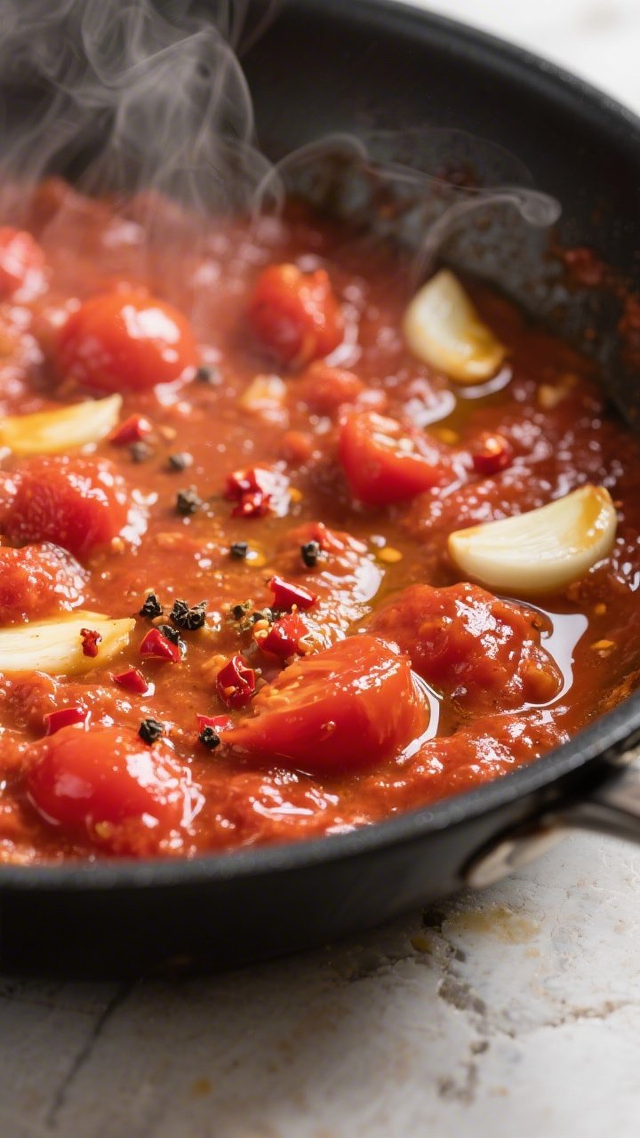 Cooking process close-up: A wide skillet of simmering arrabbiata sauce midway through cooking, thick