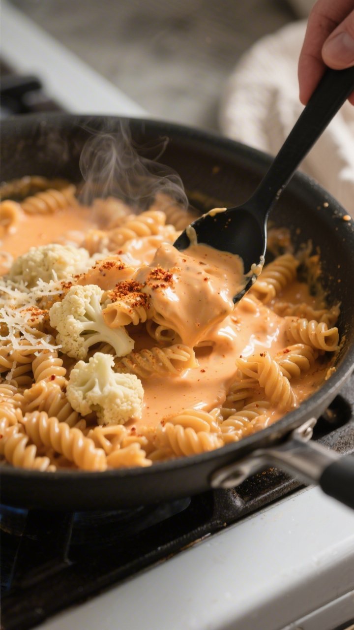 Cooking process close-up: A wide skillet on the stovetop with whole-grain macaroni being folded into