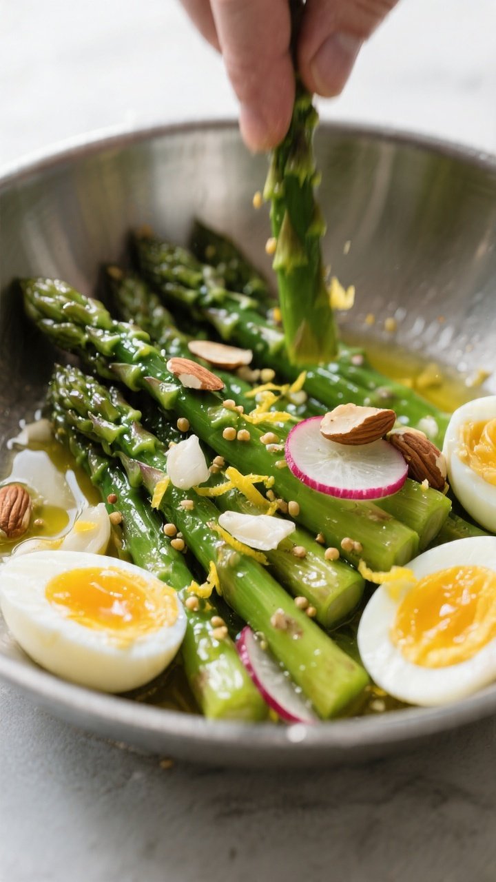 Cooking process close-up: Blanched asparagus just lifted from an ice bath and patted dry, then tosse