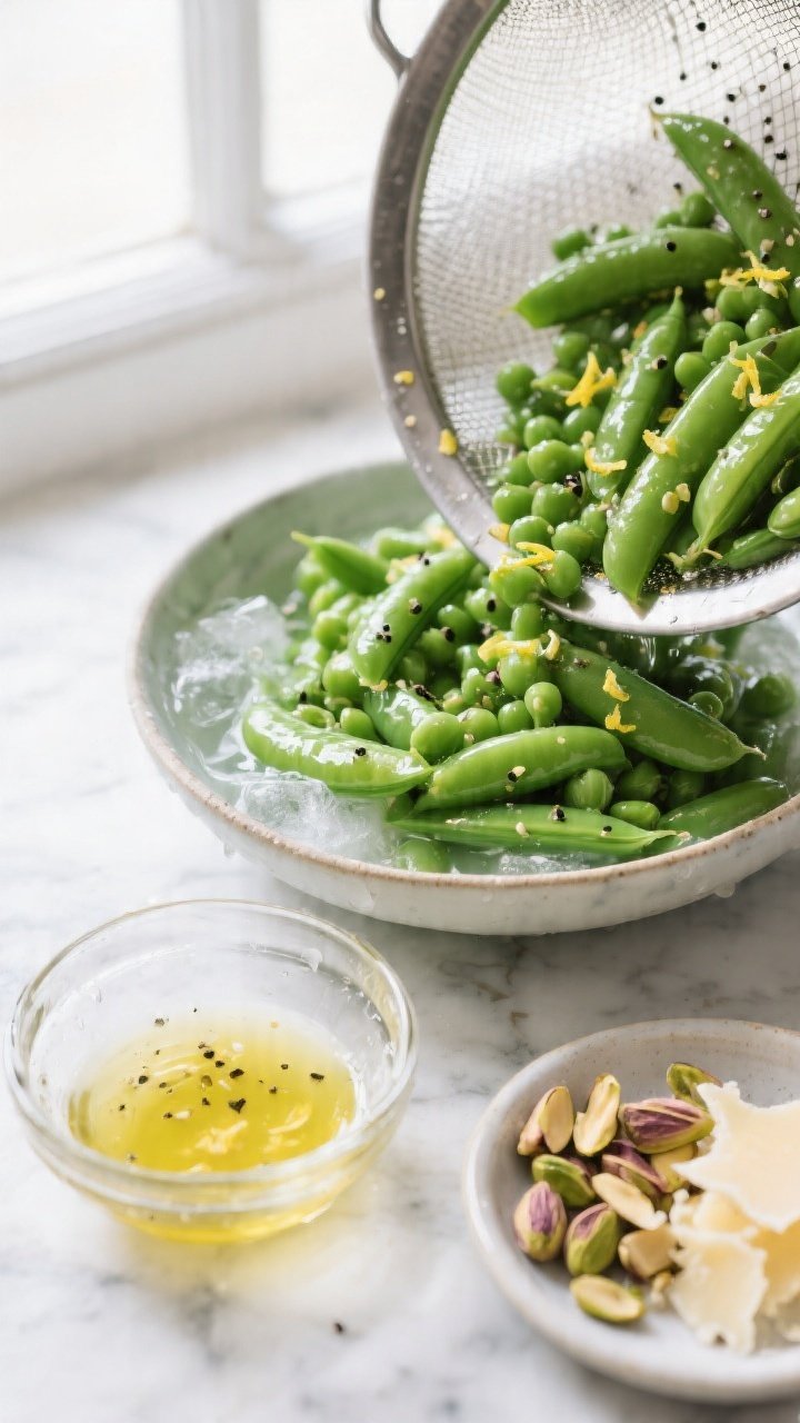 Cooking process close-up: Bright green blanched peas being shocked in a shallow bowl of ice water ne