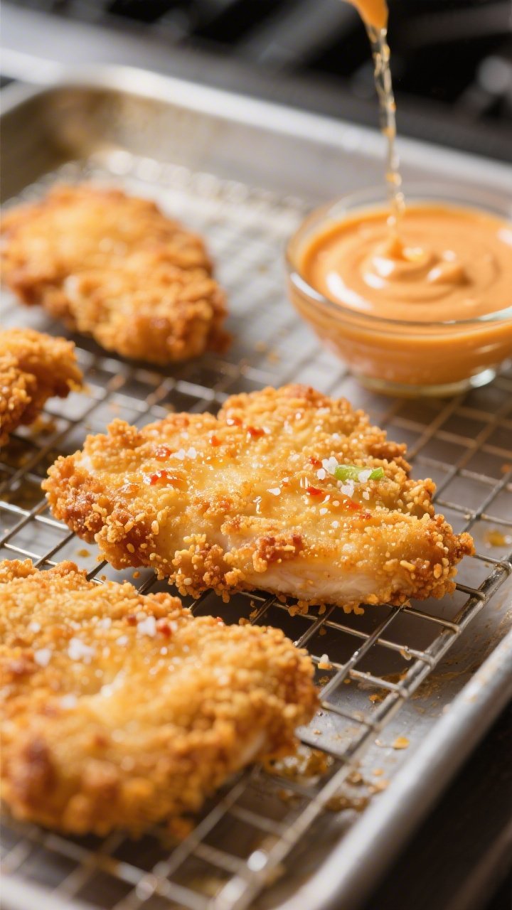 Cooking process close-up: Crispy bang bang chicken cutlets just lifted from hot oil onto a wire rack