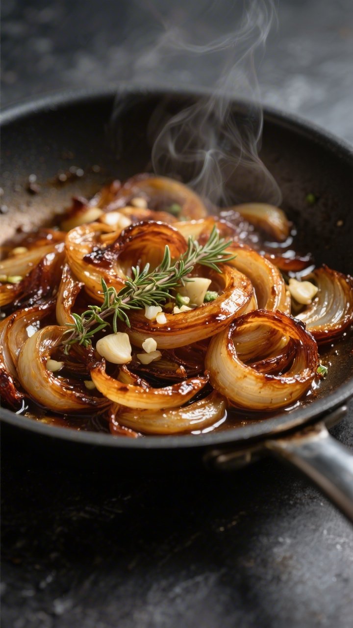 Cooking process close-up: Deep golden, jammy caramelized onions being folded with minced garlic and