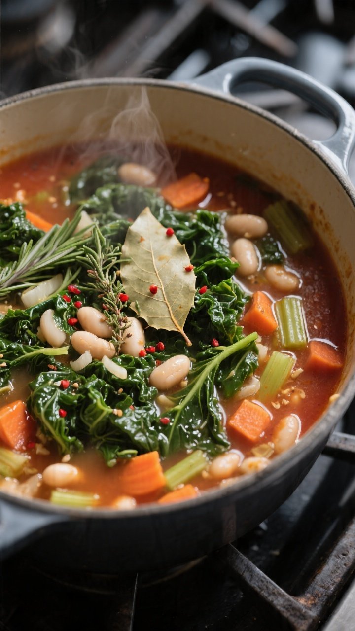 Cooking process, close-up detail: A Dutch oven at a gentle simmer with Vegan Tuscan White Bean & Kal