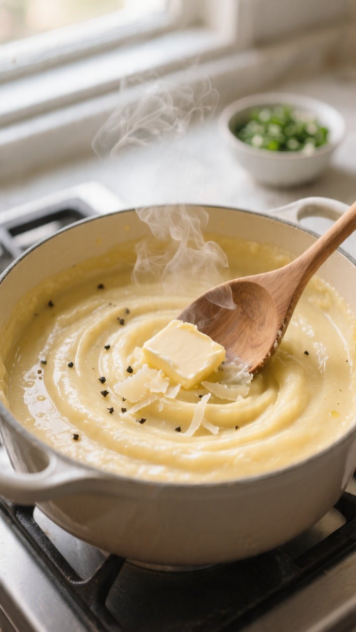 Cooking process, close-up detail: A medium pot of slow-simmered creamy polenta mid-stir, showing glo