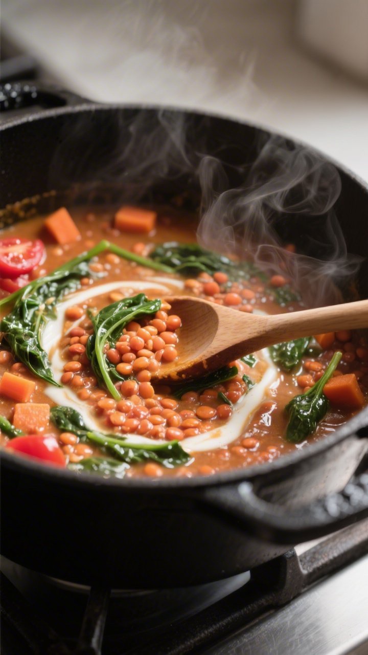Cooking process, close-up detail: A steamy, shallow-depth-of-field close-up of simmering lentil curr