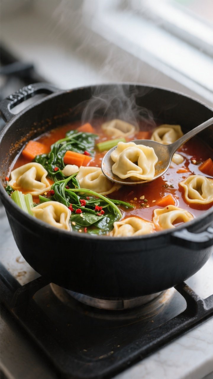 Cooking process, close-up detail: Cheese tortellini simmering in a tomato-garlic broth inside a matt