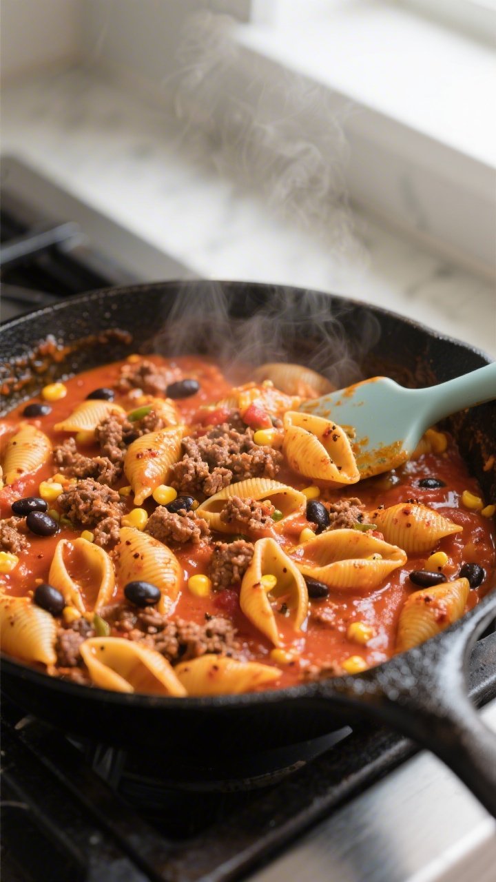 Cooking process, close-up detail: Cheesy Taco Pasta Skillet simmering in a large black cast-iron ski