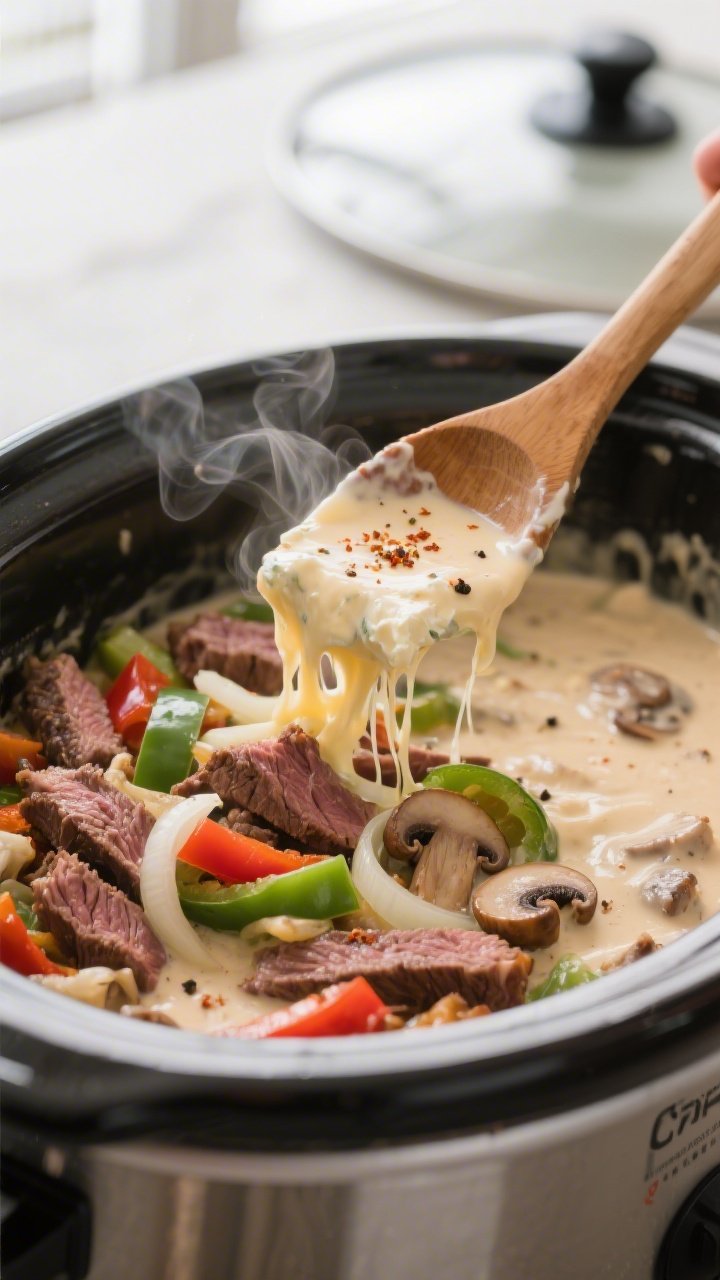 Cooking process, close-up detail: Close-up of Crock Pot cheesesteak filling right after melting in t