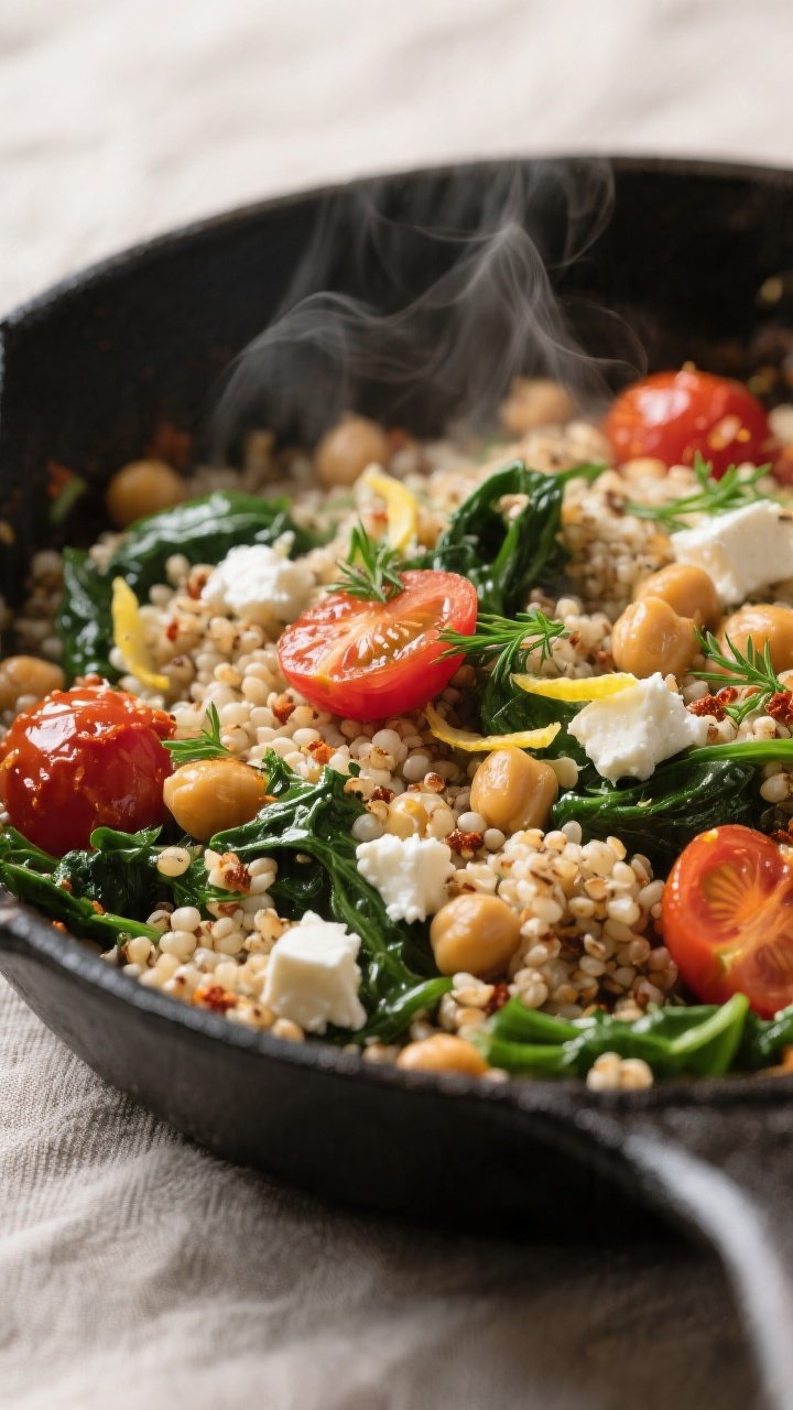 Cooking process, close-up detail: Close-up of quinoa–chickpea filling just off the heat in a skill