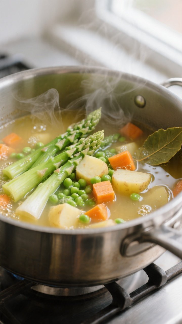 Cooking process, close-up detail: Close-up of spring vegetable soup simmering in a wide stainless po
