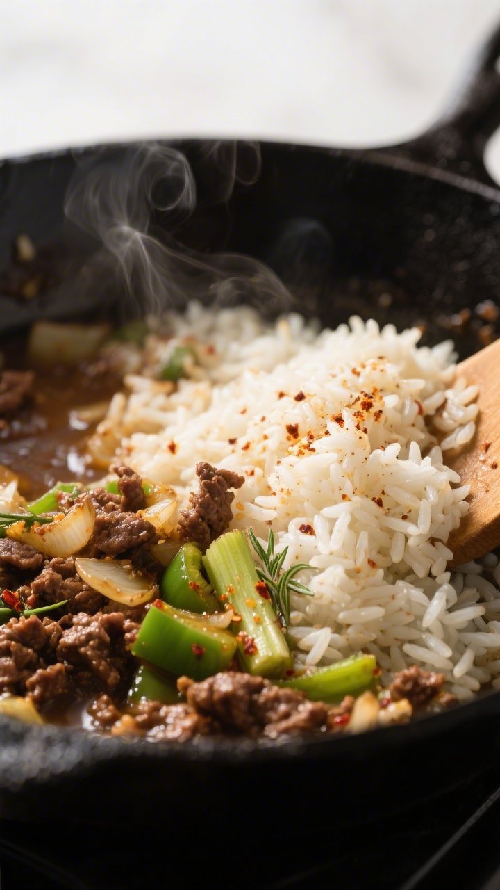 Cooking process, close-up detail: Close-up of toasted long-grain white rice glistening in seasoned b