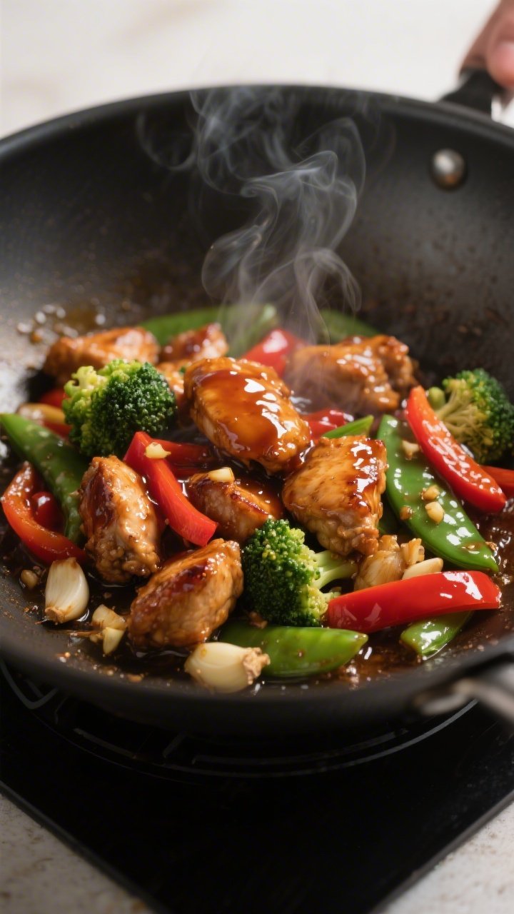 Cooking process, close-up detail: Honey Sriracha chicken and mixed vegetables sizzling in a hot wok,