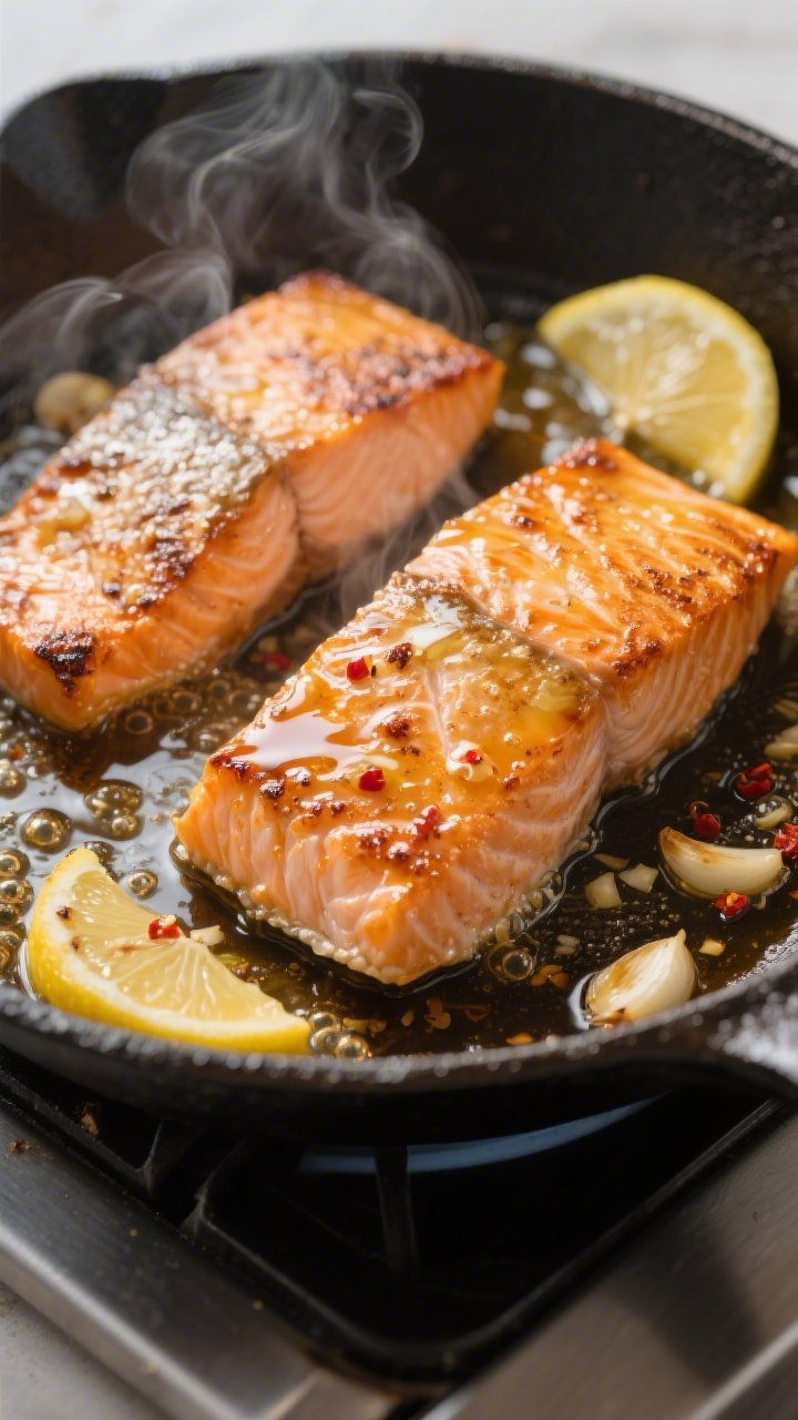 Cooking process, close-up detail: In-pan honey garlic butter salmon just after flipping, skin-side c