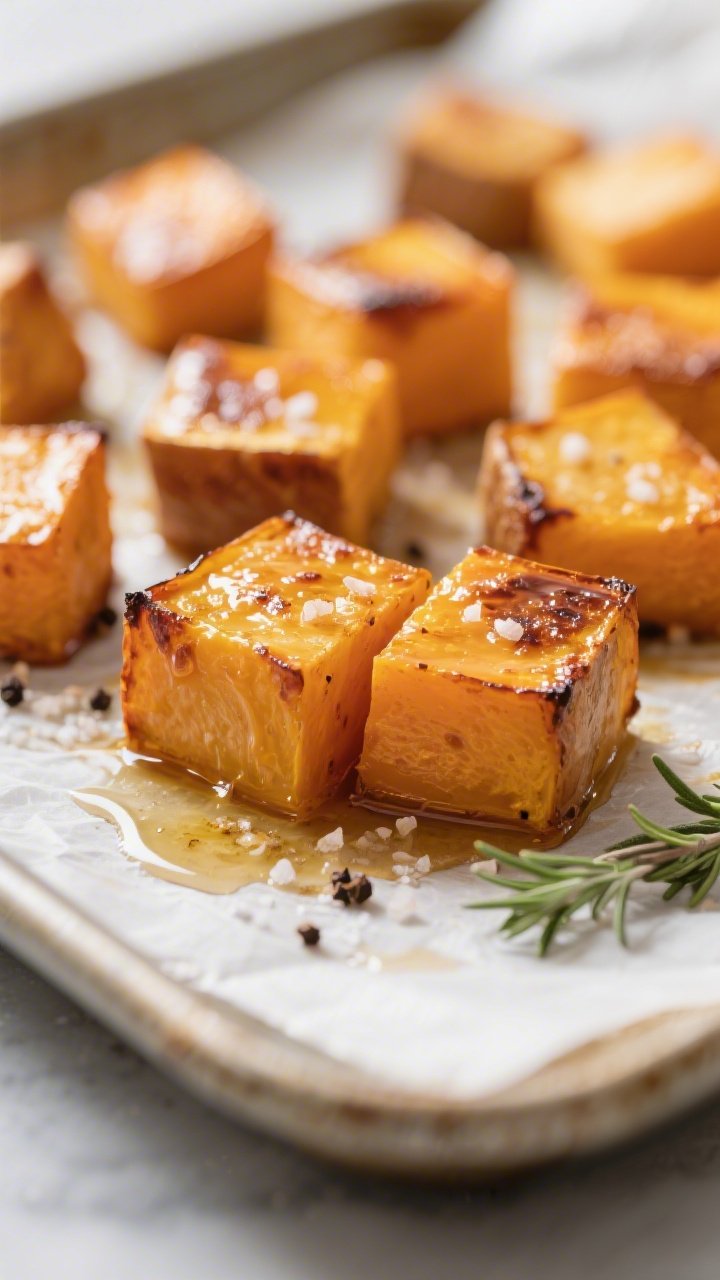 Cooking process, close-up detail: Maple-roasted butternut squash cubes just out of the oven, glisten