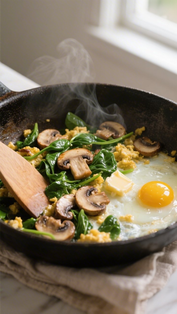 Cooking process, close-up detail: Mushroom and spinach scramble mid-cook in a well-seasoned skillet,