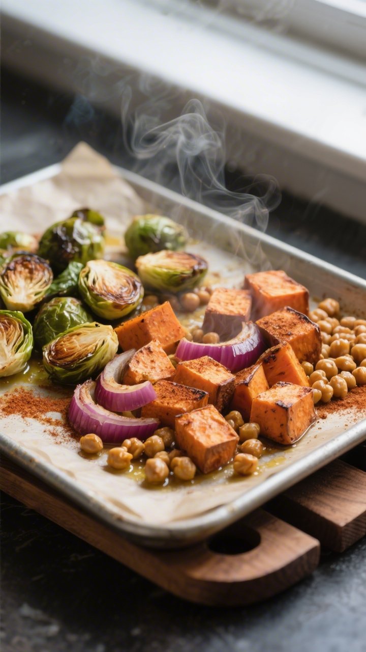Cooking process, close-up detail: Roasted sweet potato cubes, halved Brussels sprouts (cut-sides dee