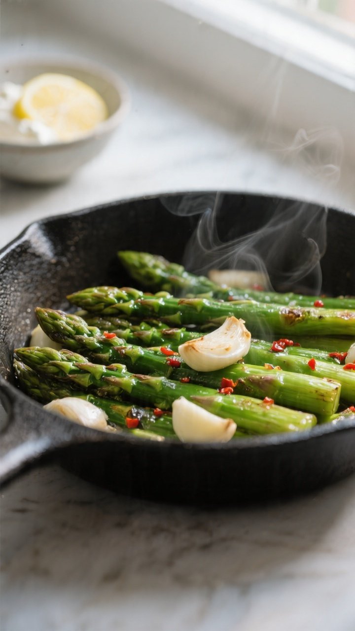 Cooking process, close-up detail: Sautéed asparagus pieces turning bright green in a matte black sk