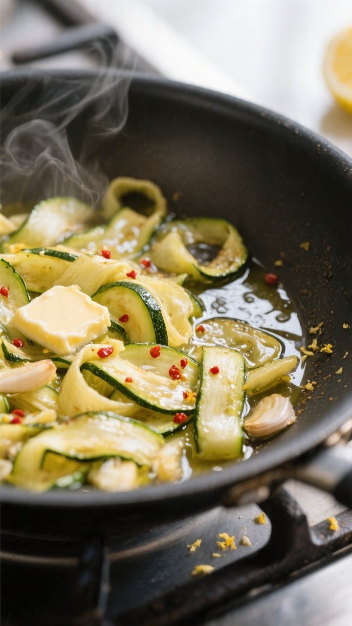 Cooking process, close-up detail: Sautéed zucchini ribbons and garlic in a wide stainless skillet, 