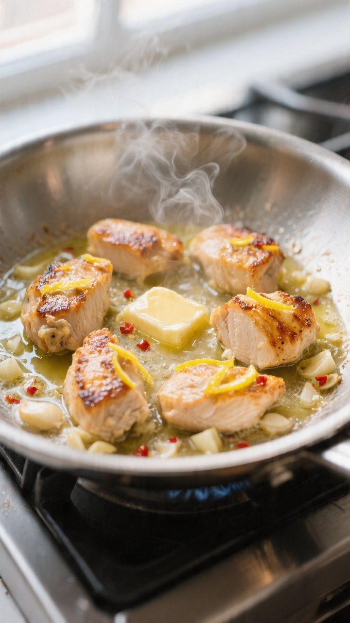 Cooking process, close-up detail: Searing bite-size chicken pieces in a stainless-steel skillet, gol