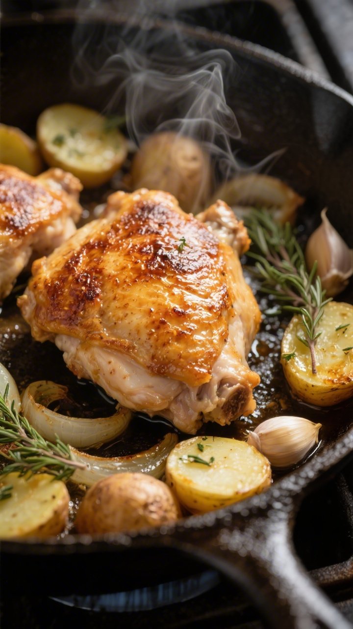Cooking process, close-up detail: Searing bone-in, skin-on chicken thighs skin-side down in a large