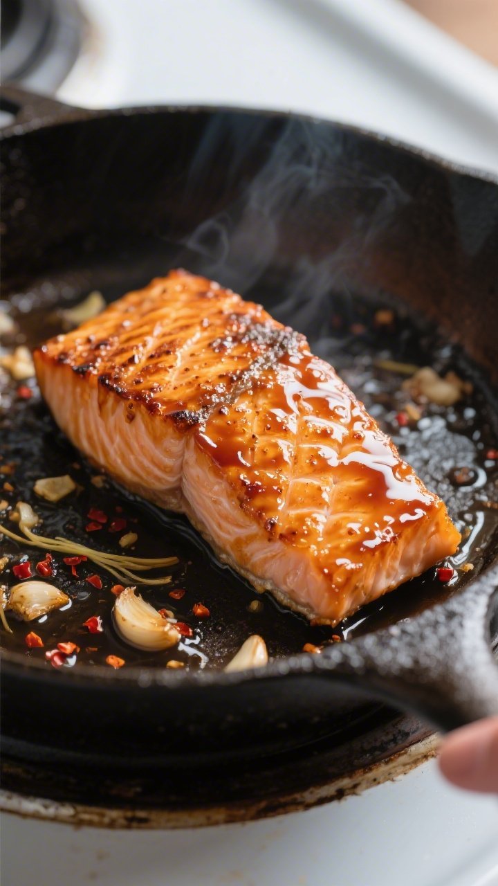 Cooking process, close-up detail: Searing maple-bourbon glazed salmon fillets skin-side down in an o