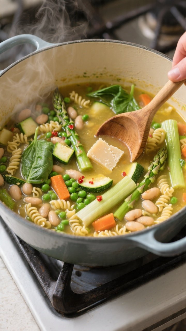 Cooking process, close-up detail: Shallow-depth, 3/4 overhead shot of Spring Green Minestrone simmer