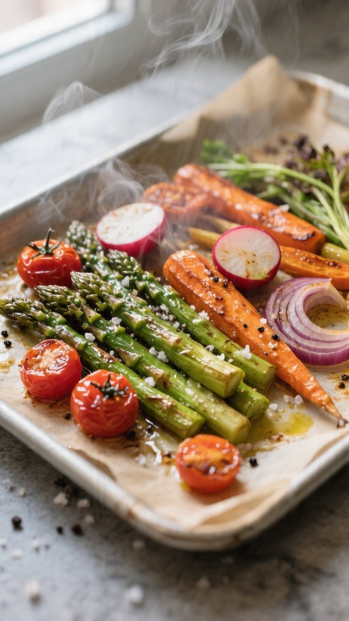 Cooking process, close-up detail: Sheet pan just pulled from a 425°F oven with caramelized spring v